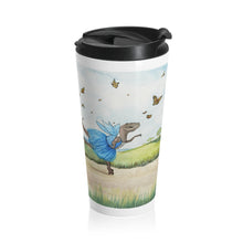 Load image into Gallery viewer, Gold Afternoon Stainless Steel Travel Mug Whimsical dinosaur & Dancing dinosaur