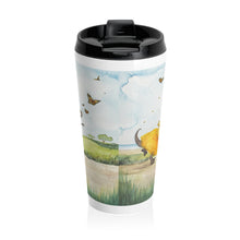 Load image into Gallery viewer, Gold Afternoon Stainless Steel Travel Mug Whimsical dinosaur & Dancing dinosaur