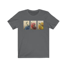 Load image into Gallery viewer, &quot;Red,&quot; &quot;Blue,&quot; and &quot;Yellow&quot; Dancing Dinosaurs in Dresses Unisex Jersey Short Sleeve Tee
