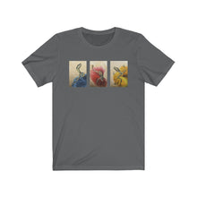 Load image into Gallery viewer, "Red," "Blue," and "Yellow" Dancing Dinosaurs in Dresses Unisex Jersey Short Sleeve Tee