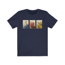 Load image into Gallery viewer, "Red," "Blue," and "Yellow" Dancing Dinosaurs in Dresses Unisex Jersey Short Sleeve Tee