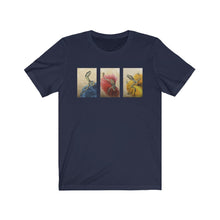 Load image into Gallery viewer, &quot;Red,&quot; &quot;Blue,&quot; and &quot;Yellow&quot; Dancing Dinosaurs in Dresses Unisex Jersey Short Sleeve Tee
