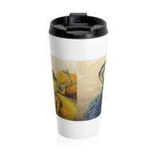 Load image into Gallery viewer, Dancing Dinosaur Stainless Steel Travel Mug featuring paintings: "Blue," "Red," and "Yellow"