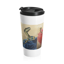 Load image into Gallery viewer, Dancing Dinosaur Stainless Steel Travel Mug featuring paintings: "Blue," "Red," and "Yellow"