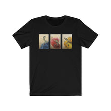 Load image into Gallery viewer, "Red," "Blue," and "Yellow" Dancing Dinosaurs in Dresses Unisex Jersey Short Sleeve Tee