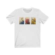Load image into Gallery viewer, &quot;Red,&quot; &quot;Blue,&quot; and &quot;Yellow&quot; Dancing Dinosaurs in Dresses Unisex Jersey Short Sleeve Tee
