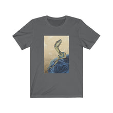 Load image into Gallery viewer, "Blue" Dancing Dinosaur in a Dress Unisex Jersey Short Sleeve Tee