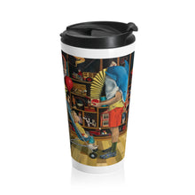 Load image into Gallery viewer, Antique Toyshop Stainless Steel Travel Mug – Vintage Puppet &amp; Dollshop Scene
