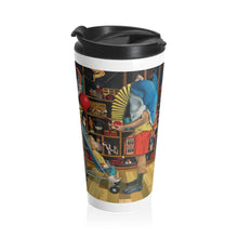 Load image into Gallery viewer, Antique Toyshop Stainless Steel Travel Mug – Vintage Puppet &amp; Dollshop Scene
