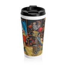Load image into Gallery viewer, Antique Toyshop Stainless Steel Travel Mug – Vintage Puppet &amp; Dollshop Scene
