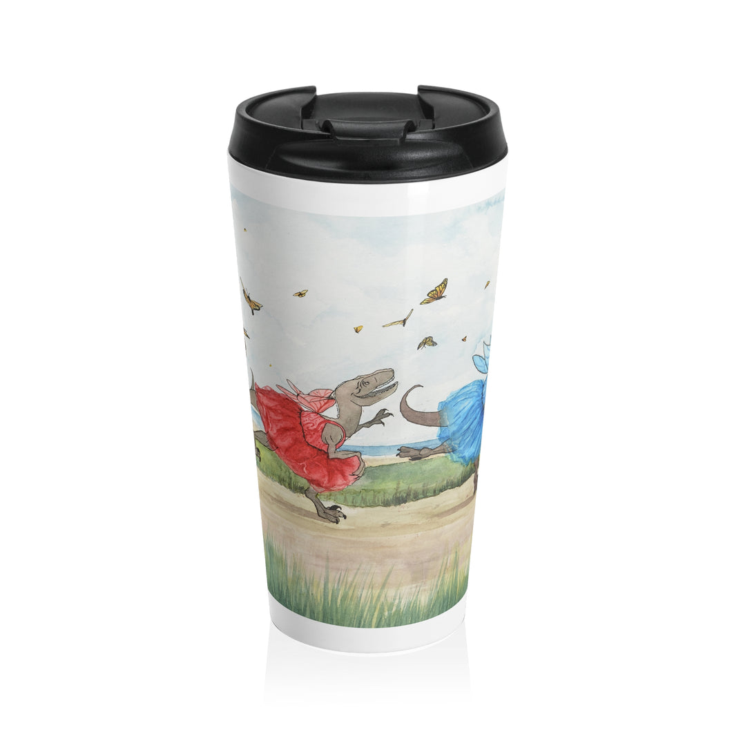 Gold Afternoon Stainless Steel Travel Mug Whimsical dinosaur & Dancing dinosaur