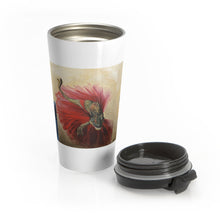 Load image into Gallery viewer, Dancing Dinosaur Stainless Steel Travel Mug featuring paintings: &quot;Blue,&quot; &quot;Red,&quot; and &quot;Yellow&quot;
