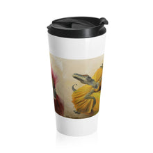 Load image into Gallery viewer, Dancing Dinosaur Stainless Steel Travel Mug featuring paintings: &quot;Blue,&quot; &quot;Red,&quot; and &quot;Yellow&quot;
