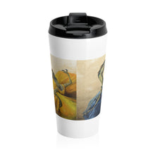 Load image into Gallery viewer, Dancing Dinosaur Stainless Steel Travel Mug featuring paintings: &quot;Blue,&quot; &quot;Red,&quot; and &quot;Yellow&quot;
