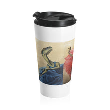 Load image into Gallery viewer, Dancing Dinosaur Stainless Steel Travel Mug featuring paintings: &quot;Blue,&quot; &quot;Red,&quot; and &quot;Yellow&quot;
