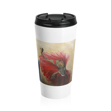 Load image into Gallery viewer, Dancing Dinosaur Stainless Steel Travel Mug featuring paintings: &quot;Blue,&quot; &quot;Red,&quot; and &quot;Yellow&quot;
